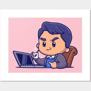 Cute Man Working On Laptop And Drink Coffee Cartoon Posters and Art